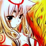  amaterasu black_eyes breasts fire large_breasts lowres okami ookami_(game) personification white_hair 