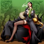  black_hair breasts cigar coat garter_straps genderswap genderswap_(mtf) high_heels highres hook hook_hand kida_sukizou large_breasts long_hair one_piece red_eyes shoes sir_crocodile solo thighhighs 