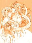  bare_shoulders bat_wings closed_eyes head_wings lilith_aensland lips long_hair md5_mismatch meisan monochrome morrigan_aensland multiple_girls open_mouth orange_(color) profile short_hair siblings sisters traditional_media vampire_(game) wings 