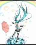  aqua_eyes aqua_hair bad_id bad_pixiv_id bare_shoulders bubble detached_sleeves hatsune_miku highres kuro_guren legs letterboxed long_hair necktie outstretched_arms rainbow solo splashing spread_arms thighhighs twintails umbrella very_long_hair vocaloid water zettai_ryouiki 