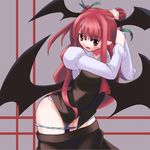  2sox[black] adjusting_hair alternate_hairstyle animal_ears bat_wings blouse blue_panties blush bow breasts bunching_hair cravat demon demon_girl demon_wings dressing hair_ribbon head_wings koakuma large_breasts long_hair panties panty_pull pointy_ears red_eyes red_hair ribbon skirt skirt_pull solo standing touhou two_side_up tying_hair underwear vest wings 