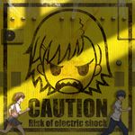  1girl biribiri brown_hair chasing chibi english hair_ornament hairclip jijo kamijou_touma misaka_mikoto running school_uniform short_hair sign sweatdrop to_aru_kagaku_no_railgun to_aru_majutsu_no_index warning_sign 