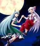  bad_id bad_pixiv_id bobby_socks flying fujiwara_no_mokou full_moon holding_hands horns kamishirasawa_keine looking_back moon multiple_girls night night_sky open_mouth red_eyes silver_hair sky smile socks star_(sky) starry_sky tears touhou tsuchifumazu 