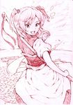  hair_bobbles hair_ornament monochrome onozuka_komachi pink pink_background solo surprised touhou traditional_media vent_arbre 