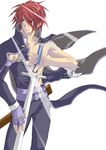  1boy belt brown_eyes fingerless_gloves gloves kratos_aurion male male_focus open_clothes open_shirt red_hair redhead shirt short_hair simple_background solo sword tales_of_(series) tales_of_symphonia weapon white_background 