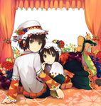  bad_id bad_pixiv_id copyright_request curtains earrings flower food fruit green_eyes hat headdress highres jewelry legs_up looking_back multiple_girls nail_polish seiju_natsumegu short_hair siblings sisters smile twins 