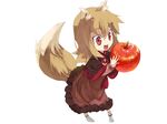  animal_ears apple chibi food fruit holding holding_food holding_fruit holo kotoba_(kotobato) open_mouth red_eyes saliva skirt socks solo spice_and_wolf tail wolf_ears wolf_tail 