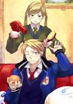  1girl america_(hetalia) axis_powers_hetalia bad_id bad_pixiv_id blonde_hair blue_eyes food genderswap genderswap_(mtf) glasses hair_brush hair_dryer hamburger jacket necktie one_eye_closed pillow sweater twintails united_kingdom_(hetalia) z4 