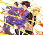  2boys black_hair black_legwear blonde_hair blue_eyes bob_cut breasts cellphone durarara!! glasses kida_masaomi large_breasts multiple_boys phone pleated_skirt red_eyes ryuugamine_mikado scarf school_uniform short_hair skirt sonohara_anri suou sword thighhighs watch weapon wristwatch yellow_eyes zettai_ryouiki 