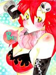  bad_id bad_pixiv_id bikini_top breasts cleavage fingerless_gloves gloves hair_ornament highres large_breasts red_hair renju scarf solo tengen_toppa_gurren_lagann tongue traditional_media watercolor_(medium) yoko_littner 