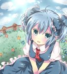  ahoge alternate_hairstyle bad_id bad_pixiv_id blue_eyes blue_hair bow cirno colored_eyelashes dress eyelashes flower hair_bow meadow mitsu_yomogi open_mouth short_twintails smile solo touhou twintails v_arms 