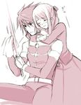  anna_irving blush bow couple dress eyes_closed hug kratos_aurion short_hair simple_background sitting sketch sword tales_of_(series) tales_of_symphonia weapon 