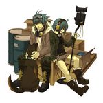  1girl bad_id bad_pixiv_id blue_hair boots box dioptrie dog goggles goggles_around_neck headphones minesweeper on_box original personification red_eyes short_hair shorts sitting sitting_on_box 