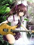  bad_id bad_pixiv_id bow brown_hair electric_guitar guitar hair_bow hat himekaidou_hatate ibanez instrument long_hair mochi.f necktie purple_eyes skirt solo tokin_hat touhou twintails 