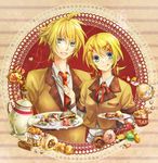  1girl :q aqua_eyes blonde_hair bow brother_and_sister cake cream cream_puff doughnut food fork hair_bow hair_ornament hairclip highres kagamine_len kagamine_rin low_twintails macaron mont_blanc_(food) muffin necktie pastry plaid plate red_neckwear school_uniform short_hair short_ponytail short_twintails siblings smile teapot teito tongue tongue_out tray twins twintails vocaloid 