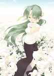  adjusting_hair bad_id bad_pixiv_id flower green_eyes green_hair happy higurashi_no_naku_koro_ni kougen_yasai long_hair open_mouth pale_color ribbon skirt sleeveless solo sonozaki_shion standing turtleneck white white_background wind 