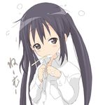  bad_id bad_pixiv_id black_hair brown_eyes core_(mayomayo) dress_shirt foam k-on! long_hair messy_hair mouth_hold nakano_azusa shirt solo toothbrush twintails 