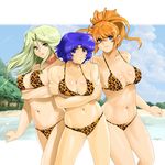  animal_print bikini blonde_hair blue_eyes blue_hair collar excellen_browning green_eyes green_hair kusuha_mizuha lamia_loveless leopard_print long_hair multiple_girls ponytail shiny shiny_skin short_hair shu-z super_robot_wars swimsuit 