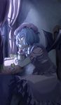  bat_wings blue_hair chin_rest commentary_request hat indoors mob_cap moonlight night pocket_watch red_eyes remilia_scarlet senzo_(soken) short_hair sitting solo touhou watch wings wrist_cuffs 