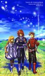  blonde_hair boots brown_hair buttons colette_brunel collet_brunel gloves kratos_aurion lloyd_irving red_hair redhead short_hair sword tales_of_(series) tales_of_symphonia weapon 