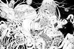  branch breasts cherry_blossoms cleavage closed_eyes dryad grass greyscale japanese_clothes large_breasts long_hair lying monochrome monster_girl mukaida_kaoru multiple_girls original plant_girl tree 