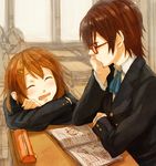  blazer brown_eyes brown_hair chin_rest desk fukutarou_(enji127) glasses hair_ornament hairclip hirasawa_yui jacket k-on! manabe_nodoka multiple_girls notebook red-framed_eyewear school_uniform semi-rimless_eyewear short_hair smile under-rim_eyewear 