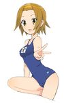  bad_id bad_pixiv_id breasts brown_eyes brown_hair chita covered_nipples hairband highres k-on! looking_at_viewer one-piece_swimsuit open_mouth round_teeth school_swimsuit simple_background small_breasts smile solo swimsuit tainaka_ritsu teeth v white_background 