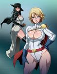  belt black_hair blonde_hair blue_eyes breasts buckle butcha-u cape cleavage dc_comics earrings gun hand_on_hip hand_on_thigh hat huge_breasts jewelry lips loose_belt madame_mirage multiple_girls necklace power_girl top_cow veil weapon 