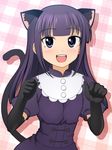  :d alternate_costume animal_ears bad_id bad_pixiv_id bangs blunt_bangs cat_ears dress elbow_gloves gloves long_hair looking_at_viewer open_mouth paw_pose plaid plaid_background purple_eyes purple_hair smile solo tail totokichi working!! yamada_aoi 