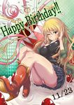  ahoge blonde_hair boots bracelet breasts cake confetti food fruit green_eyes happy_birthday highres hoshii_miki idolmaster idolmaster_(classic) jewelry large_breasts long_hair one_eye_closed panties pantyshot pantyshot_(sitting) pink_panties sian sitting skirt smile solo strawberry underwear wince 