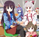  black_legwear cash_register cashier contemporary convenience_store crossed_legs cup_ramen employee_uniform food food_on_face fujiwara_no_mokou houraisan_kaguya inaba_tewi lawson multiple_girls noodles pantyhose ramen reisen_udongein_inaba ruu_(tksymkw) shop sitting skirt snack touhou uniform 