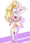  ;d blonde_hair boots bow cure_rhythm dress frills full_body green_eyes gyuniku hairband happy heart highres knee_boots long_hair magical_girl minamino_kanade one_eye_closed open_mouth pink_bow precure puffy_sleeves ribbon smile solo standing standing_on_one_leg suite_precure wrist_cuffs 