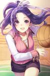  basketball basketball_player breasts hakou_(barasensou) long_hair long_sleeves lowres medium_breasts open_mouth ponytail purple_eyes purple_hair shorts solo sport sword_girls vest 