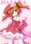  :3 arm_up character_name dress green_eyes hair_ribbon kaitou_tenshi_twin_angel long_hair minazuki_haruka_(twin_angel) ootaka_narumi orange_hair ribbon sidelocks smile solo thighhighs twin_angel twintails white_legwear zettai_ryouiki 