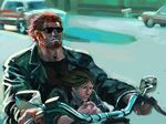  90s bad_id bad_pixiv_id beard black_hair car command_spell facial_hair fate/zero fate_(series) green_hair ground_vehicle jacket john_connor leather leather_jacket male_focus manly motor_vehicle motorcycle multiple_boys oldschool on_motorcycle parody realistic red_hair rider_(fate/zero) road street sunglasses t-800 terminator terminator_2:_judgement_day towani_kayui waver_velvet 