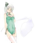  bad_id bad_pixiv_id blue_eyes blush breasts china_dress chinese_clothes cleavage cleavage_cutout dress hair_ribbon hairband konpaku_youmu konpaku_youmu_(ghost) kurokuro legs_together medium_breasts ribbon short_hair silver_hair sleeveless solo thighhighs touhou white_legwear 