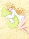  bare_legs barefoot blonde_hair closed_eyes drooling hoshii_miki idolmaster idolmaster_(classic) long_hair no_pants open_mouth pillow pillow_hug shirt sleeping solo wagomu17 