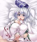  1girl bed breasts cum grey_eyes hat hetero japanese_clothes large_breasts lying mononobe_no_futo oohira_sunset open_mouth paizuri paizuri_under_clothes penis ponytail short_hair silver_hair solo_focus tate_eboshi touhou wavy_mouth wet_spot 