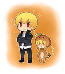  1girl ahoge animal_costume artoria_pendragon_(all) blonde_hair casual chibi crossed_arms drooling fate/stay_night fate/tiger_colosseum fate/unlimited_codes fate_(series) gilgamesh lion_costume razuzyamu red_eyes saber_lion short_hair |_| 