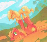  big_macintosh_(mlp) blonde_hair brother_and_sister cute cutie_mark equine eyes_closed female feral feyrah freckles friendship_is_magic good_parenting green_eyes hair hooves horse male mammal my_little_pony open_mouth orange_hair outside playing pony sibling smile yoke young 