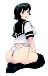  ass bad_id bad_pixiv_id black_hair black_legwear blue_eyes from_behind full_body fundoshi japanese_clothes looking_at_viewer looking_back masao open_mouth original school_uniform seiza serafuku short_hair simple_background sitting smile soles solo thighhighs white_background 