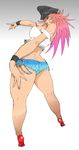  ass breasts capcom cuffs denim denim_shorts final_fight from_behind handcuffs hat high_heels highres kyura9een kyura_(kyura9een) large_breasts lipstick long_hair makeup pink_hair poison poison_(final_fight) red_eyes shoes shorts simple_background wristband 