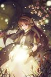  artist_request belt blue_eyes brown_hair cropped_jacket cross dress flower grass habit jewelry light_particles lowres magic necklace nun short_hair smile solo sword_girls 