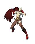  bandaid cape evoker fighting_stance fingerless_gloves gloves grey_eyes highres holster jpeg_artifacts knife male_focus official_art persona persona_3 persona_4:_the_ultimate_in_mayonaka_arena sanada_akihiko scar shirtless soejima_shigenori solo white_hair 