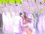  1girl arm_grab axis_powers_hetalia back black_hair brown_hair cherry_blossoms chinese_clothes couple flower from_behind hair_flower hair_ornament hetero japan_(hetalia) kiss leaning_forward long_hair long_sleeves luo_hua_sheng military military_uniform pants petals short_hair skirt sleeves_past_wrists taiwan_(hetalia) tree uniform wide_sleeves wind wisteria 