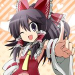  ;d brown_hair detached_sleeves givuchoko hakurei_reimu one_eye_closed open_mouth pointing smile solo touhou 