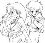  breasts cleavage cleavage_cutout covered_nipples dirty_pair fugetsu_taku greyscale kei_(dirty_pair) lineart medium_breasts midriff monochrome multiple_girls simple_background yuri_(dirty_pair) 