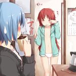  blue_hair blush calendar_(object) closed_eyes coffee coffee_maker_(object) commentary_request december engrish fang hat hood hoodie kyubey mahou_shoujo_madoka_magica messy_hair miki_sayaka multiple_girls navel no_bra no_pants open_clothes open_hoodie panties ranguage red_hair rubbing_eyes ryuunosuke_(luckyneco) sakura_kyouko santa_hat sleepy spit_take spitting spoon sweatdrop typo underwear white_panties zipper 