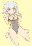  bad_id bad_pixiv_id barefoot ben-tou blade_(galaxist) blush brown_eyes competition_swimsuit full_body grey_hair hands kneeling omelet one-piece_swimsuit red_eyes sexually_suggestive short_hair simple_background solo swimsuit yarizui_sen yellow_background 