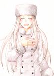  ^_^ bad_id bad_pixiv_id blush closed_eyes coat fate/zero fate_(series) fur_hat hand_on_own_chest hat irisviel_von_einzbern long_hair solo white white_background white_hair yanon 